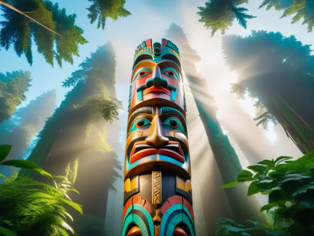 Un totem ancestral esculpido detalladamente en un denso bosque, representando el significado de los tótems en civilizaciones indígenas