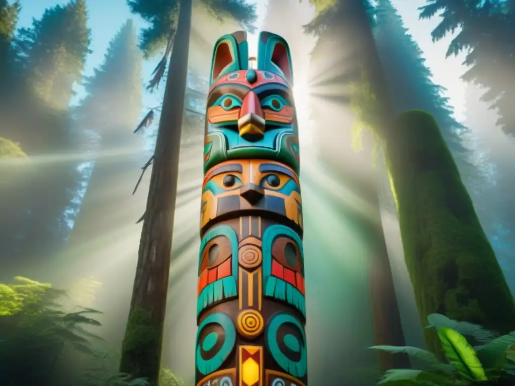 Un totem imponente en un bosque verde, lleno de simbolismo de civilizaciones indígenas