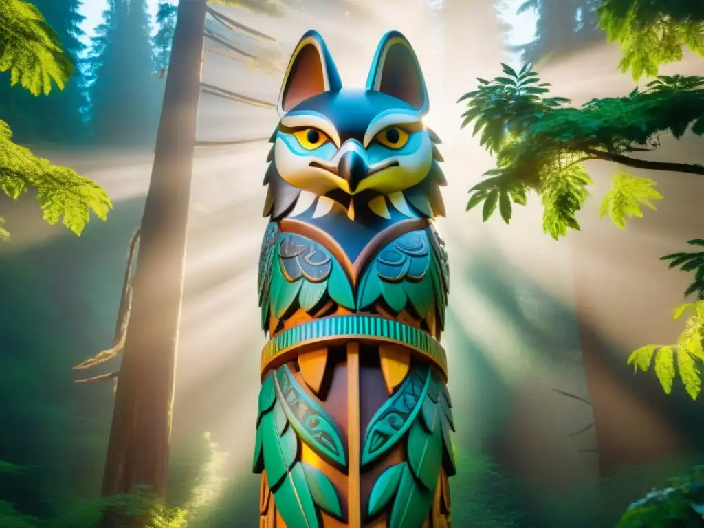 Un totem majestuoso en el bosque verde, con símbolos indígenas y espíritus animales