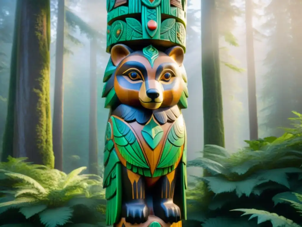 Un totem tallado detalladamente en un bosque verde, con figuras de osos, águilas y lobos