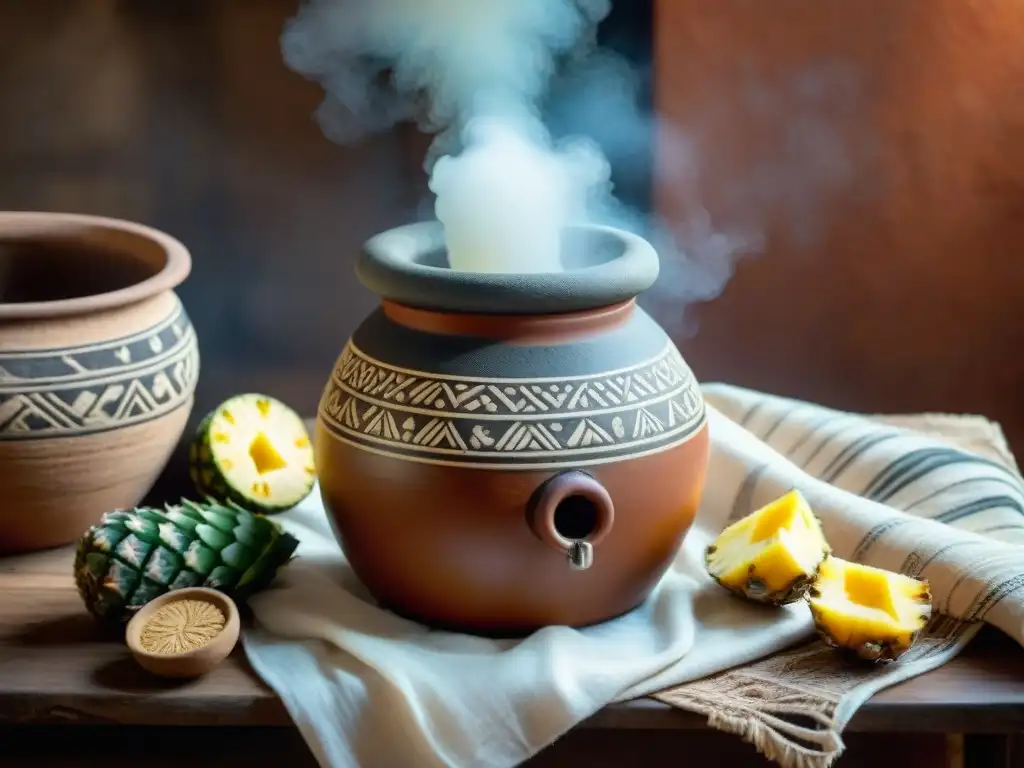 Fermentación tradicional de tepache prehispánico en jarra de barro con piña y piloncillo, burbujeando