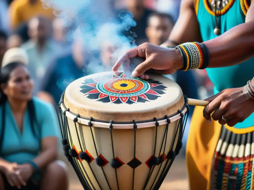 Ritmo ancestral: tambor indígena en festival cultural Un tambor indígena tradicional siendo tocado por un músico experto en un festival cultural vibrante