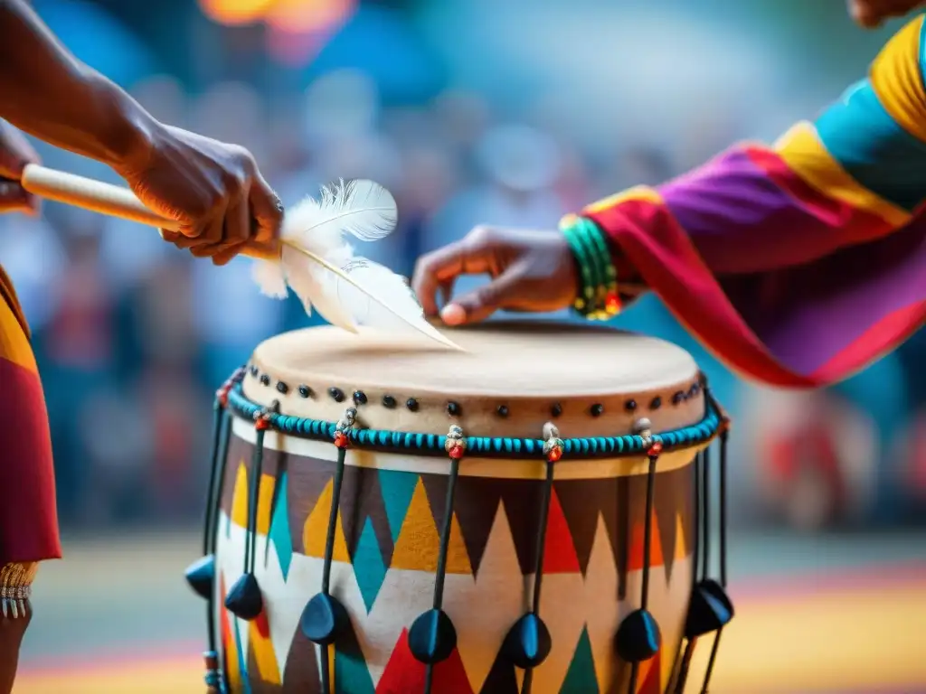 Un tambor indígena tradicional es tocado durante una vibrante ceremonia de danza, mostrando la importancia de la música indígena