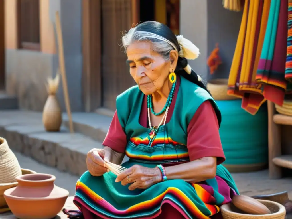 Tradiciones Zapotecas en el Siglo XXI: Anciana tejiendo en mercado de Oaxaca, rodeada de textiles y cerámica colorida