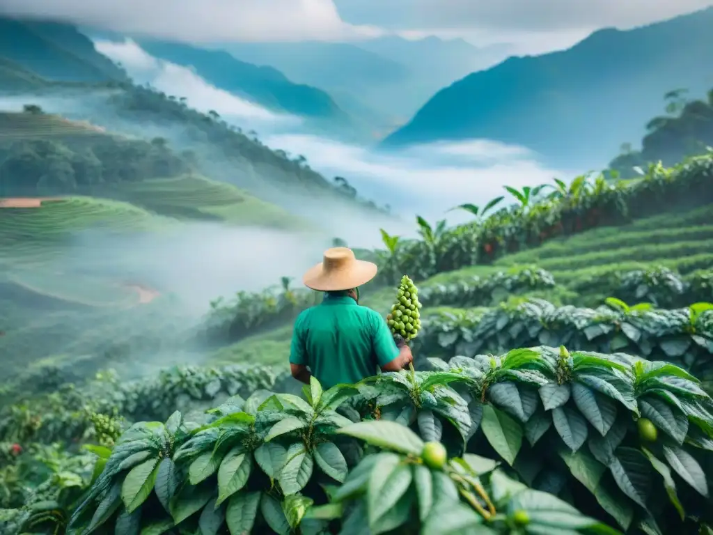 Transformaciones agrícolas en territorios indígenas: Recolecta de café en la montaña en la mañana brumosa