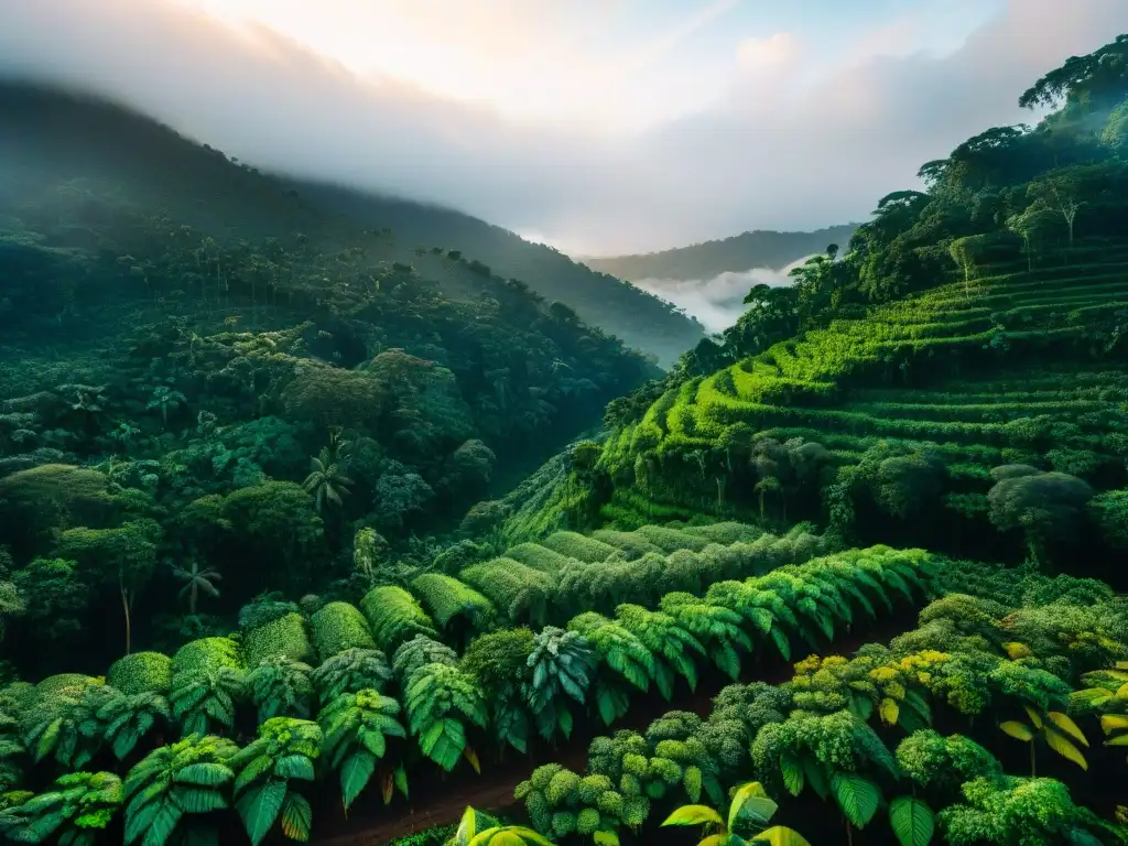 Transformaciones agrícolas en territorios indígenas: Plantación de café vibrante en la Amazonía, con agricultores y vida silvestre