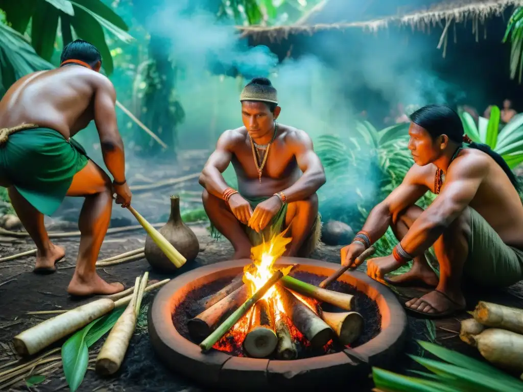 Celebración tribal en la Amazonia: indígenas preparando yuca alrededor de una hoguera