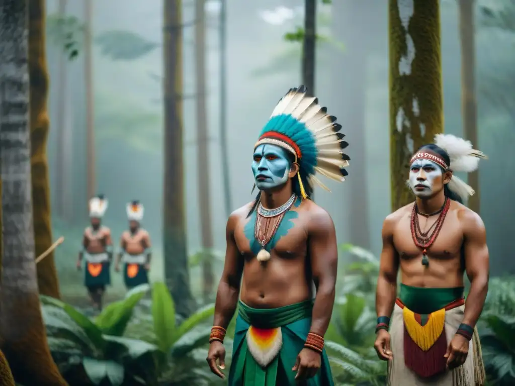 Celebración tribal en la selva: indígenas con atuendos tradicionales danzan en un ritual, reflejando el impacto de su cultura