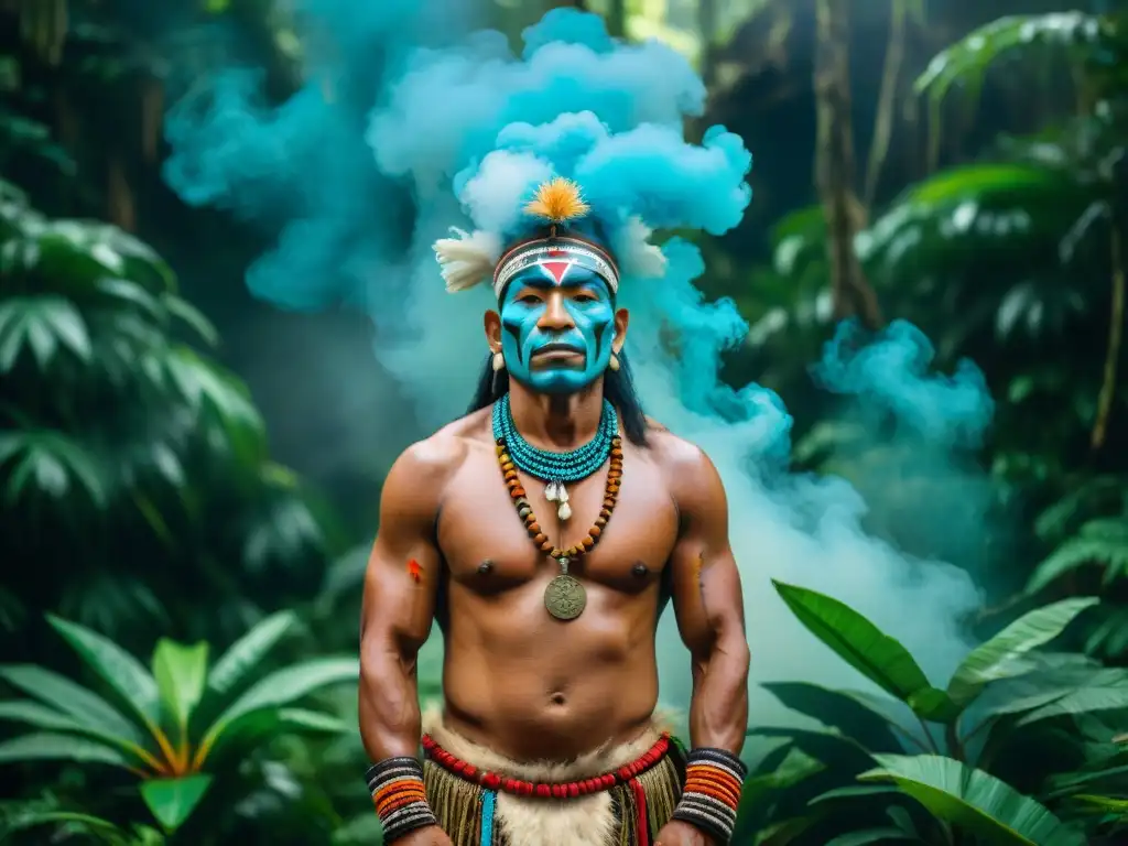 Shamán de tribu amazónica en ritual de sanación con plantas medicinales