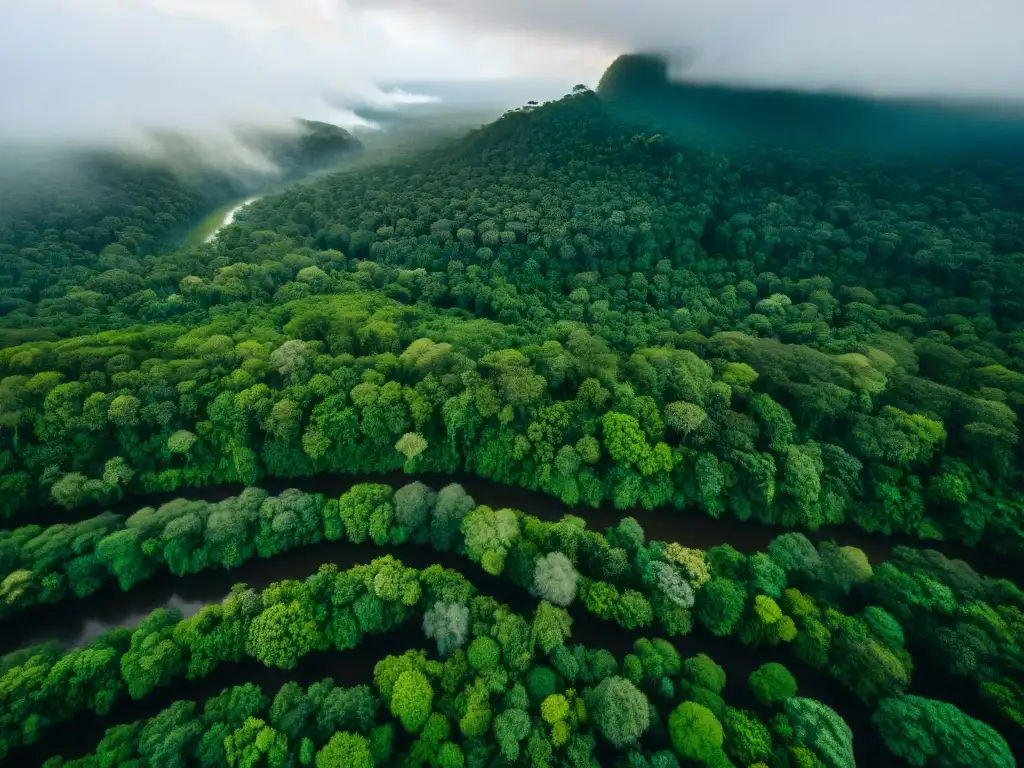 Turismo responsable en comunidades indígenas: vista aérea de exuberante selva con río, biodiversidad y armonía con la naturaleza