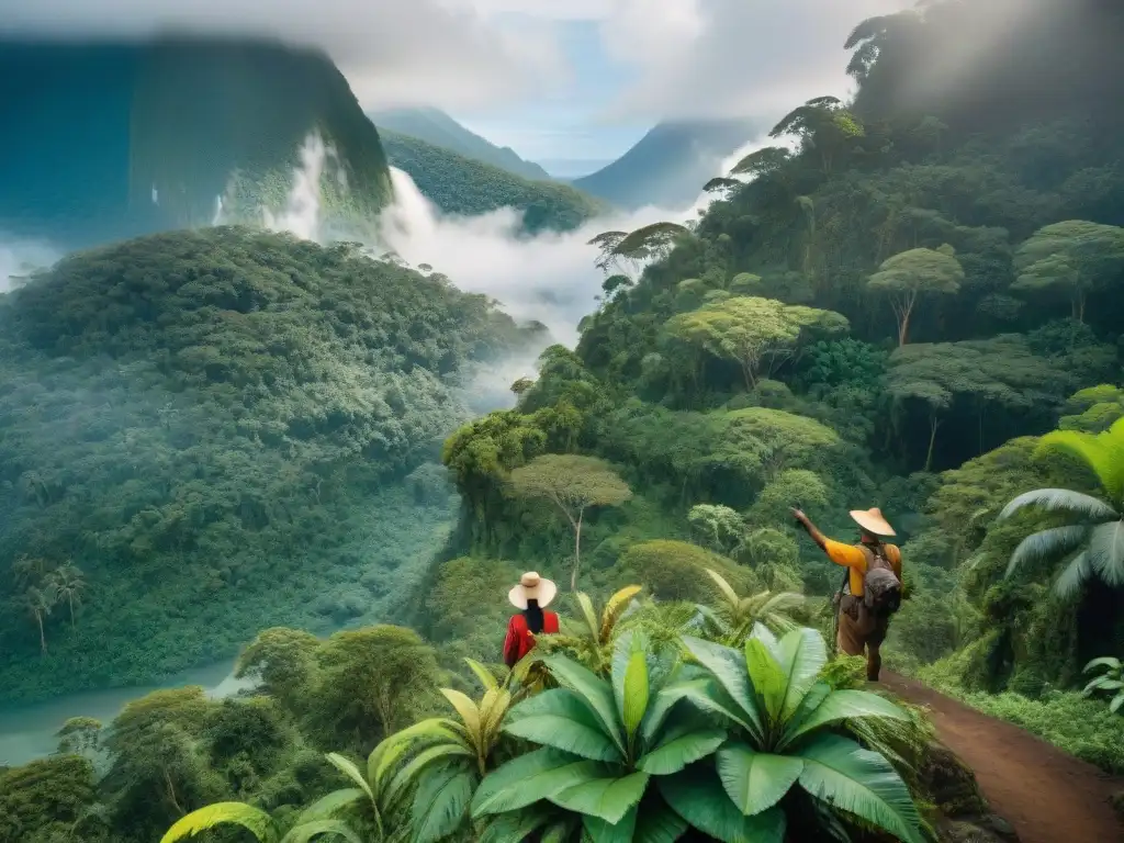 Guía indígena comparte sabiduría ancestral en la selva Un guía indígena lidera a turistas en la selva, mostrando plantas medicinales