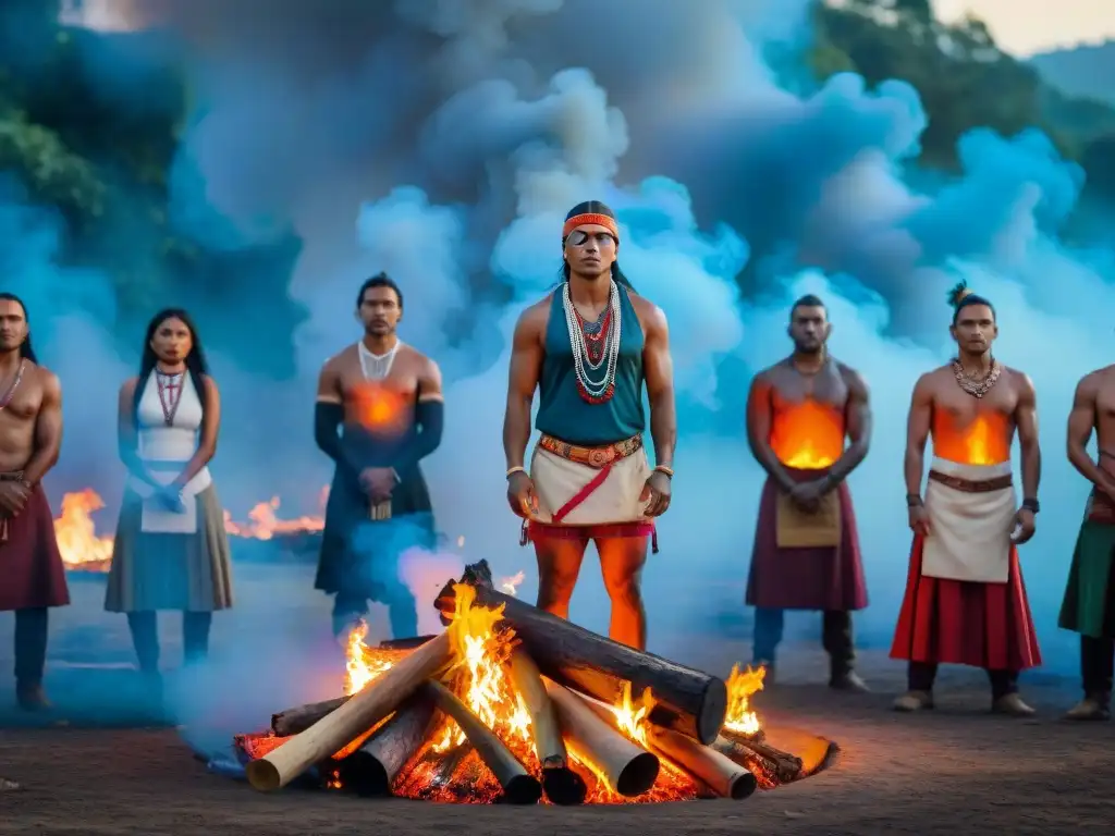 Manifestación de unidad y resistencia: activistas indígenas en círculo alrededor de fuego en bosque