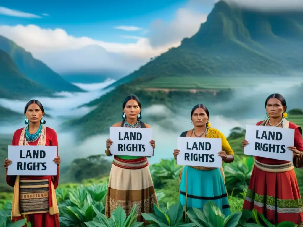 Unidas en la lucha por los derechos de la tierra, mujeres indígenas muestran determinación y unidad ante imponentes montañas verdes y cielos azules