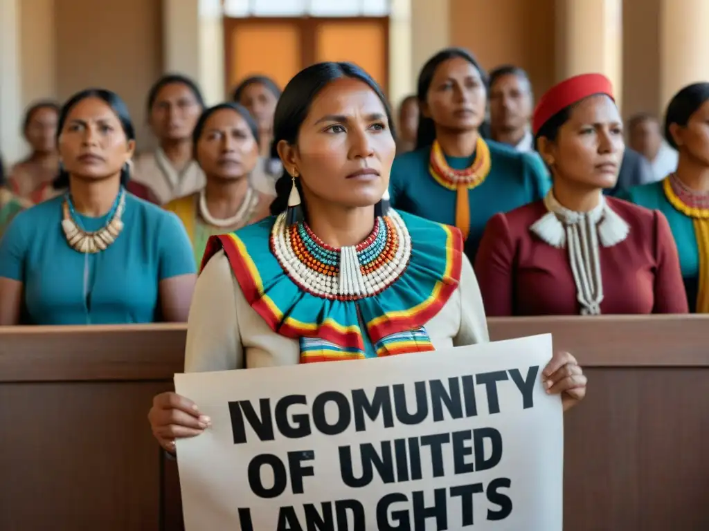 Unidas, mujeres indígenas defensoras derechos tierra, frente a la corte con carteles y atuendos tradicionales