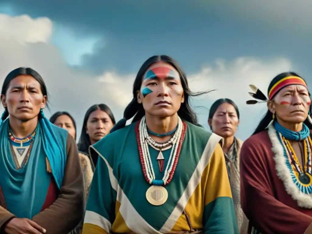 Unidos en la defensa de la tierra sagrada Sioux Standing Rock: rostros serios con marcas tradicionales y banderas de oración al viento