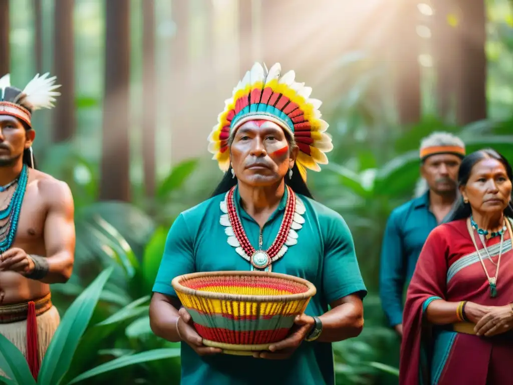 Unidos en la lucha indígena en derechos humanos: líderes tribales con atuendos tradicionales en la selva