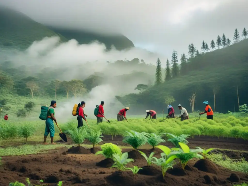 Unidos en la reforestación: comunidad indígena plantando árboles nativos en un bosque exuberante