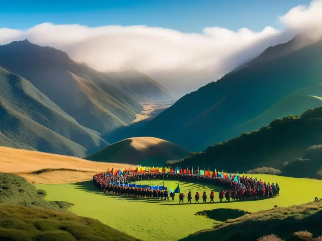 Unidos en resistencia: Mapuches en tierra chilena, ondeando banderas coloridas con símbolos tradicionales, frente a imponentes montañas nevadas