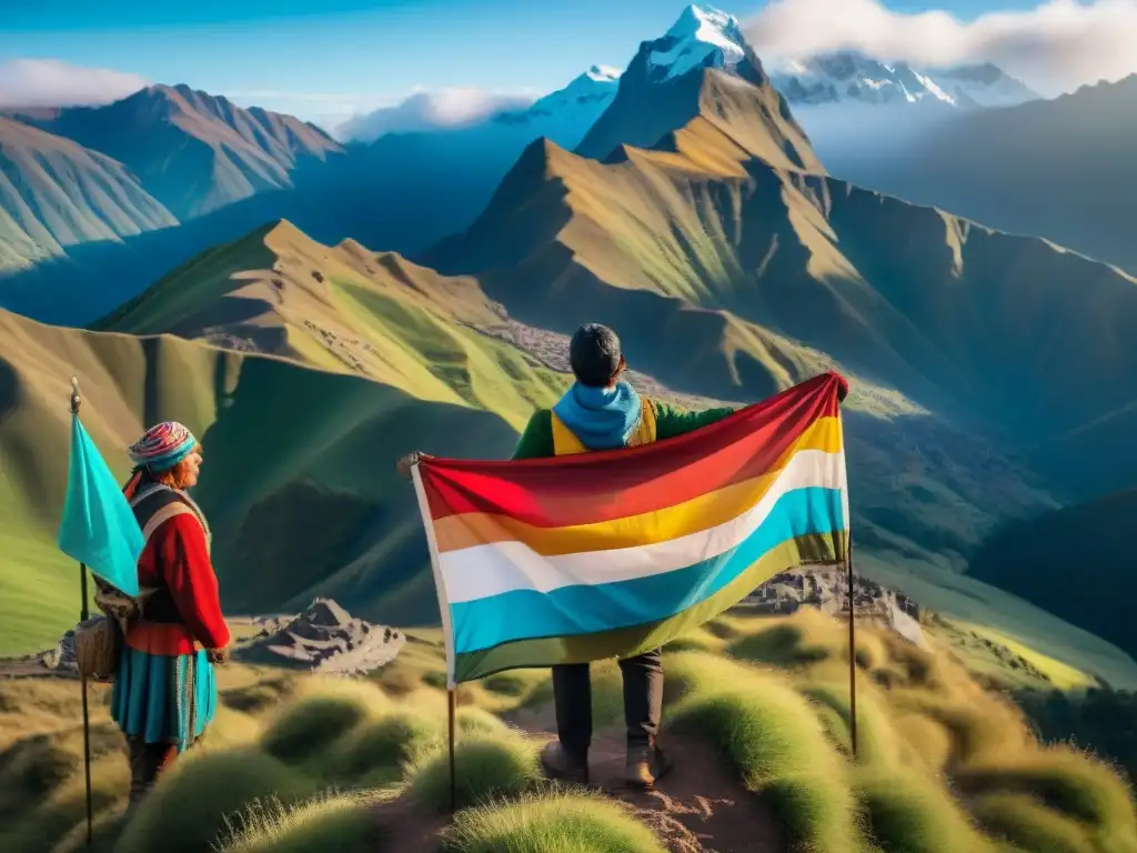 Indígenas unidos en resistencia en los Andes, con paisaje de montañas y cielo azul