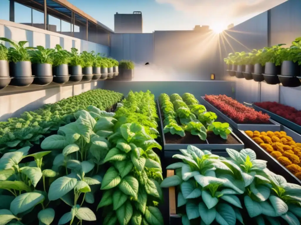 Un jardín urbano vibrante con agricultura indígena en cultivos verticales, reflejando innovación y colaboración comunitaria