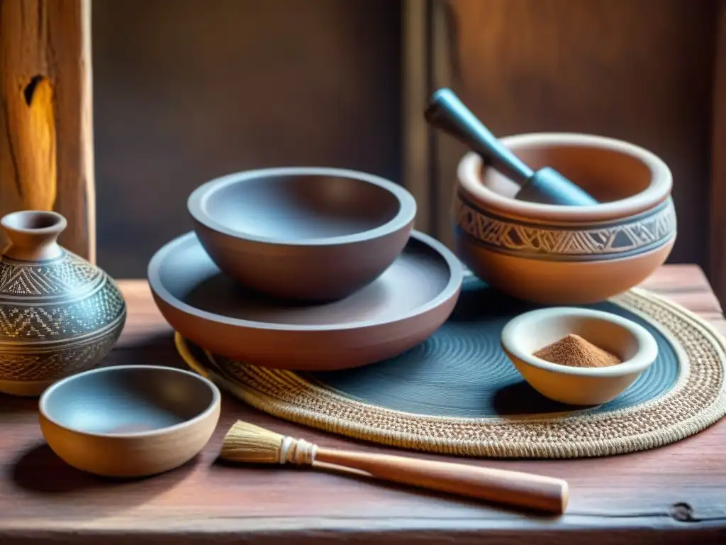 Utensilios de cocina tradicional indígena: metate, ollas, molinillos y cestas tejidas en una mesa rústica bajo cálida luz natural