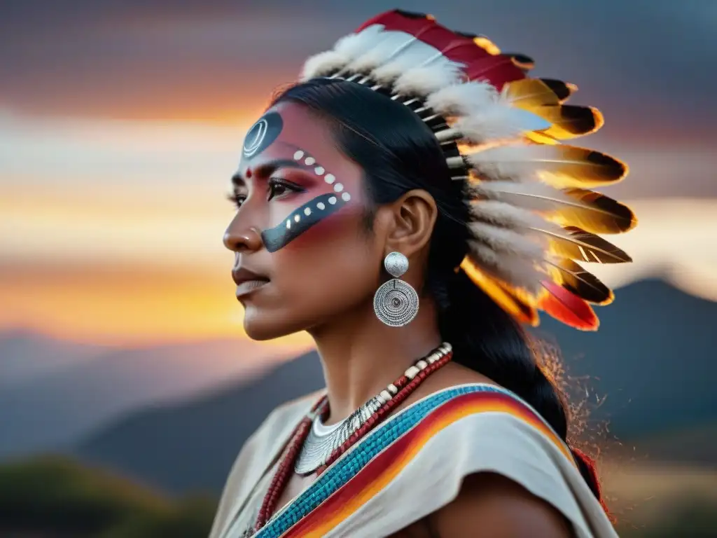 Una valiente mujer indígena desafiante al atardecer, reflejo de la lucha contra la violencia de género