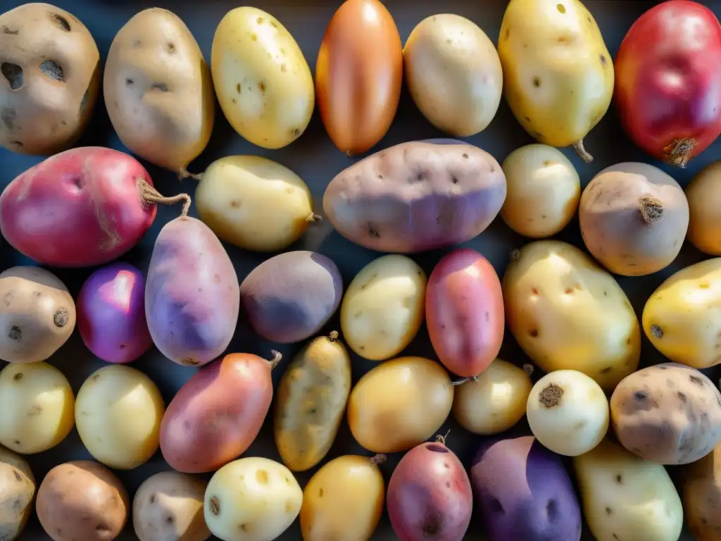 Una variedad de papas nativas en cesta de mimbre, con tonos morados, rojos y amarillos