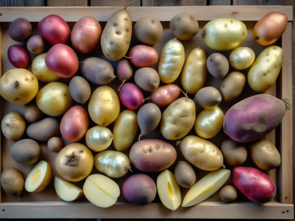 Una variedad de papas nativas en una mesa rústica, mostrando formas y colores únicos