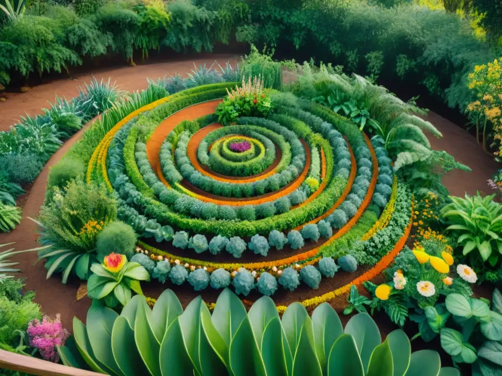 Un jardín espiral indígena con una variedad vibrante de plantas nativas en un patrón hipnótico