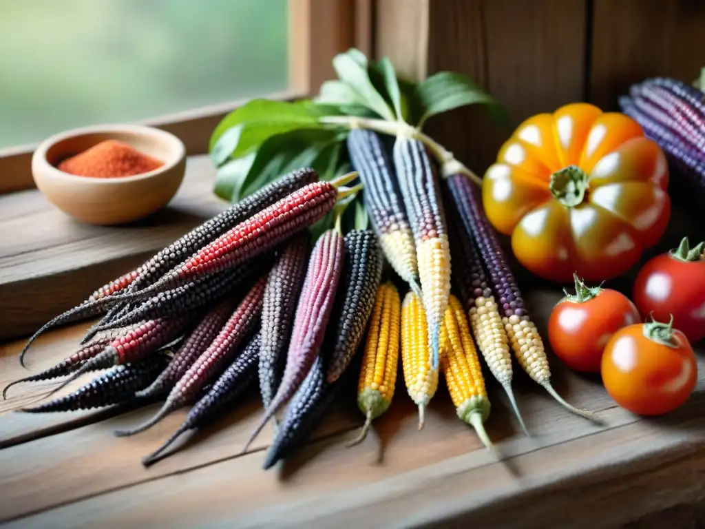 Variedades de cultivos indígenas sabores perdidos en mesa rústica: maíz morado, tomates antiguos, quinoa y amaranto