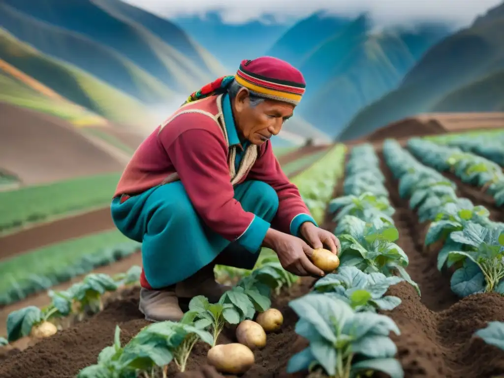 Cultivando variedades de papa nativa en los Andes: un agricultor tradicional viste trajes coloridos mientras siembra tubérculos en la montaña