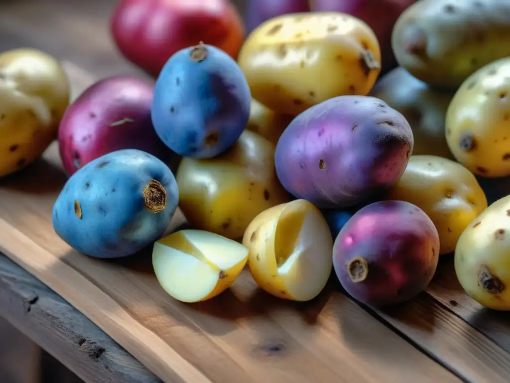 Variedades de papa nativa en una mesa rústica con papas de colores: moradas, rojas, amarillas y azules, detalladas y etiquetadas