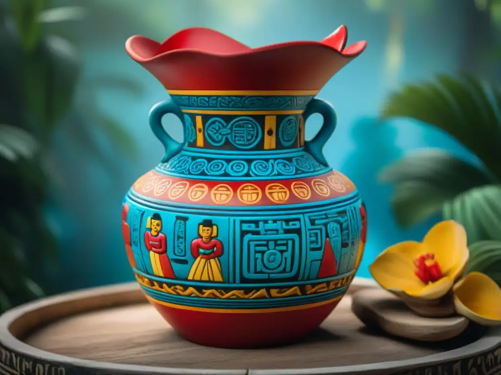 Vaso ceremonial maya pintado con detalles de culturas indígenas en cerámica vibrante