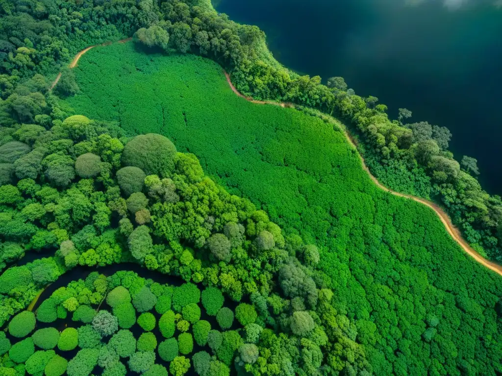 Un vasto y exuberante bosque amazónico visto desde un satélite, resaltando la importancia del mapeo satelital para la conservación de tierras sagradas