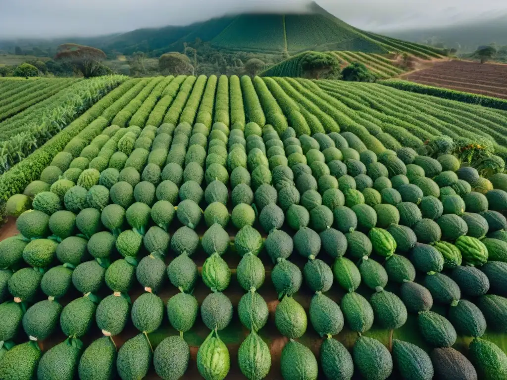 Un vasto huerto de aguacates en un valle verde, muestra la escala de su cultivo y su impacto ambiental