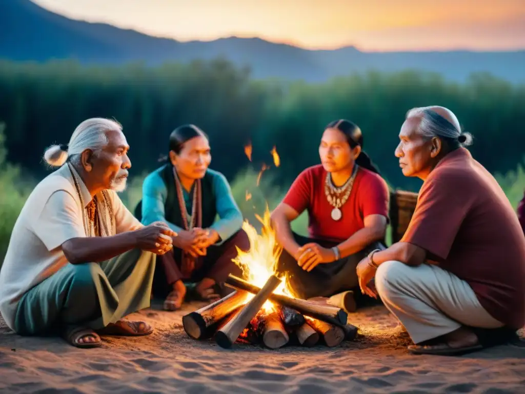 Venerables ancianos indígenas comparten historias alrededor de fogata, bajo cielo estrellado