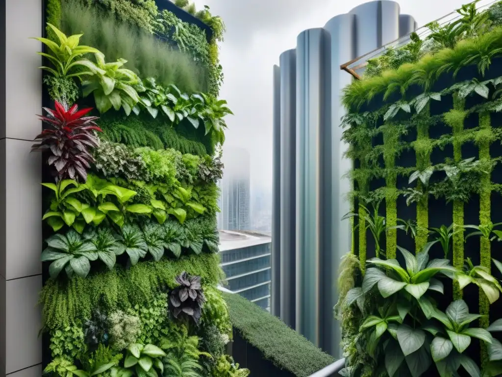 Un jardín vertical exuberante con Agricultura indígena en cultivos verticales, fusionando lo tradicional con lo moderno en la ciudad