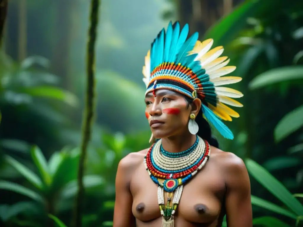 Vestimenta tradicional de comunidades amazónicas: Indígenas en la selva con atuendos de plumas y tejidos naturales