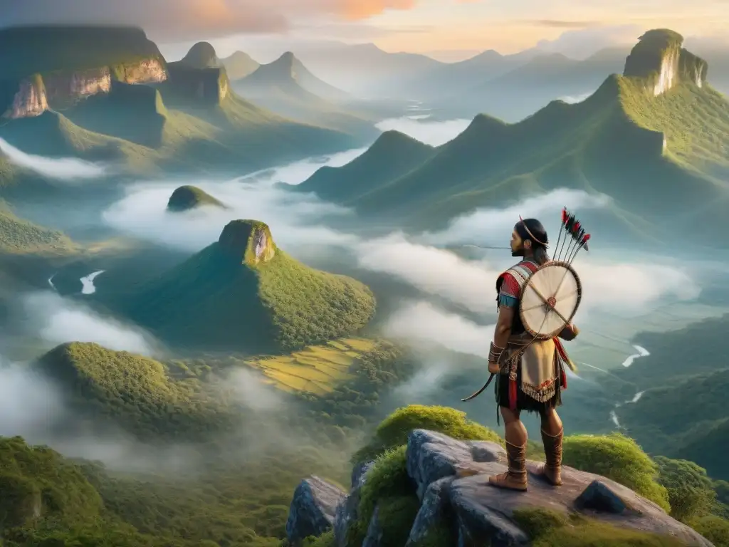 El viaje del guerrero indígena contempla el amanecer desde la cima neblinosa, conectando con la naturaleza ancestral