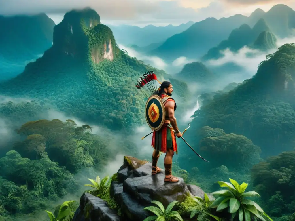 El viaje del guerrero indígena: guerrero solitario en un acantilado, mirando la selva con determinación y sabiduría