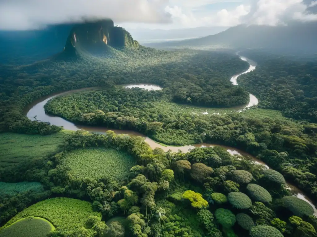 Vibrante Amazonía ecuatoriana: ríos serpentean entre exuberante vegetación, comunidades indígenas en armonía con la tierra