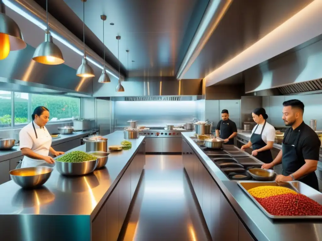 Cocina moderna fusionando sabores indígenas Un vibrante y armónico escenario de cocina moderna donde chefs de diversas culturas colaboran, fusionando sabores autóctonos en la gastronomía