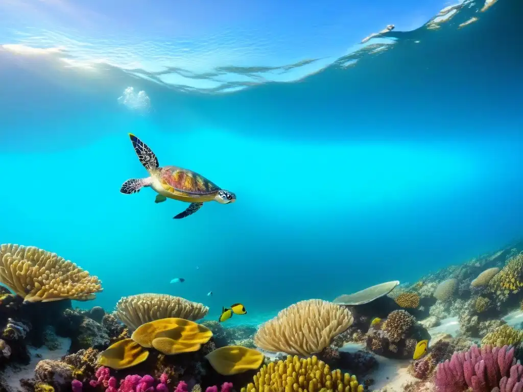 Un vibrante arrecife de coral con peces coloridos y tortugas marinas