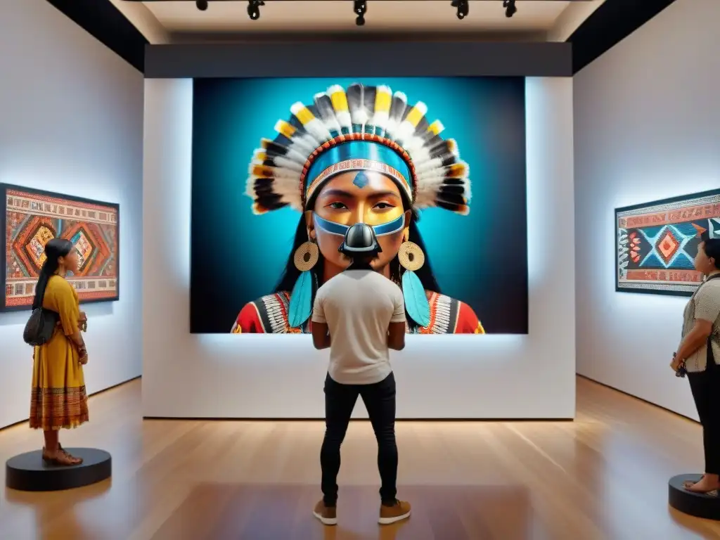 Vibrante galería virtual de arte indígena con tecnología de vanguardia y visitantes usando auriculares de realidad virtual