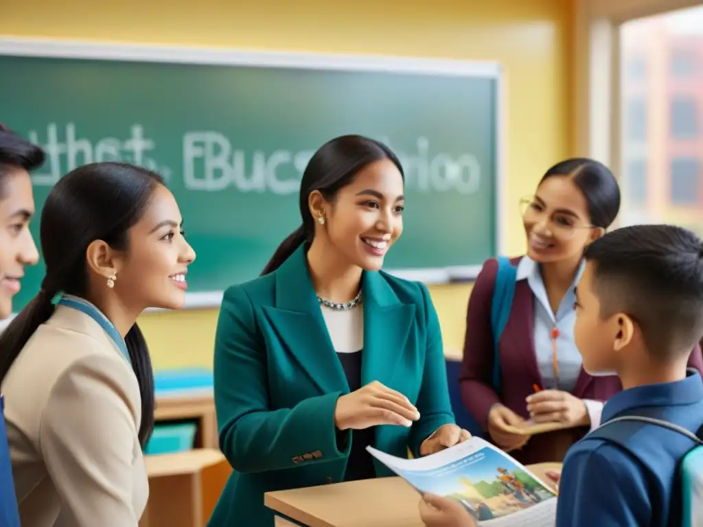 Vibrante aula bilingüe en área urbana con niños diversos colaborando en proyecto educativo