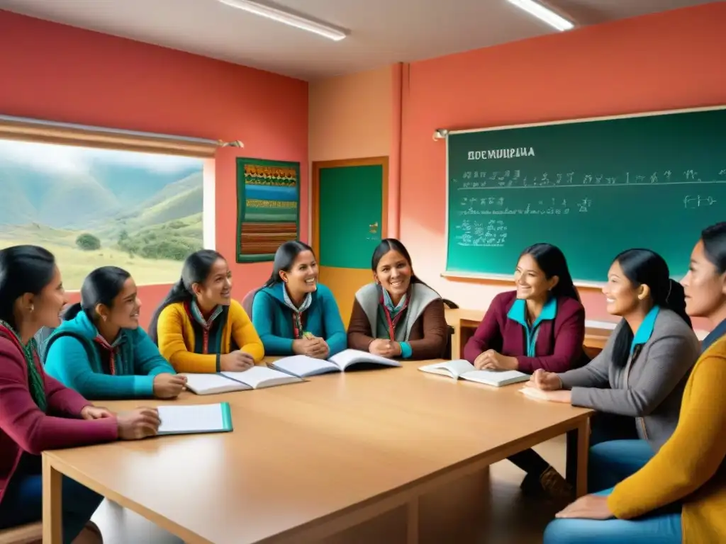 Un vibrante aula de clase con diversidad étnica, donde se imparte un curso de introducción al quechua