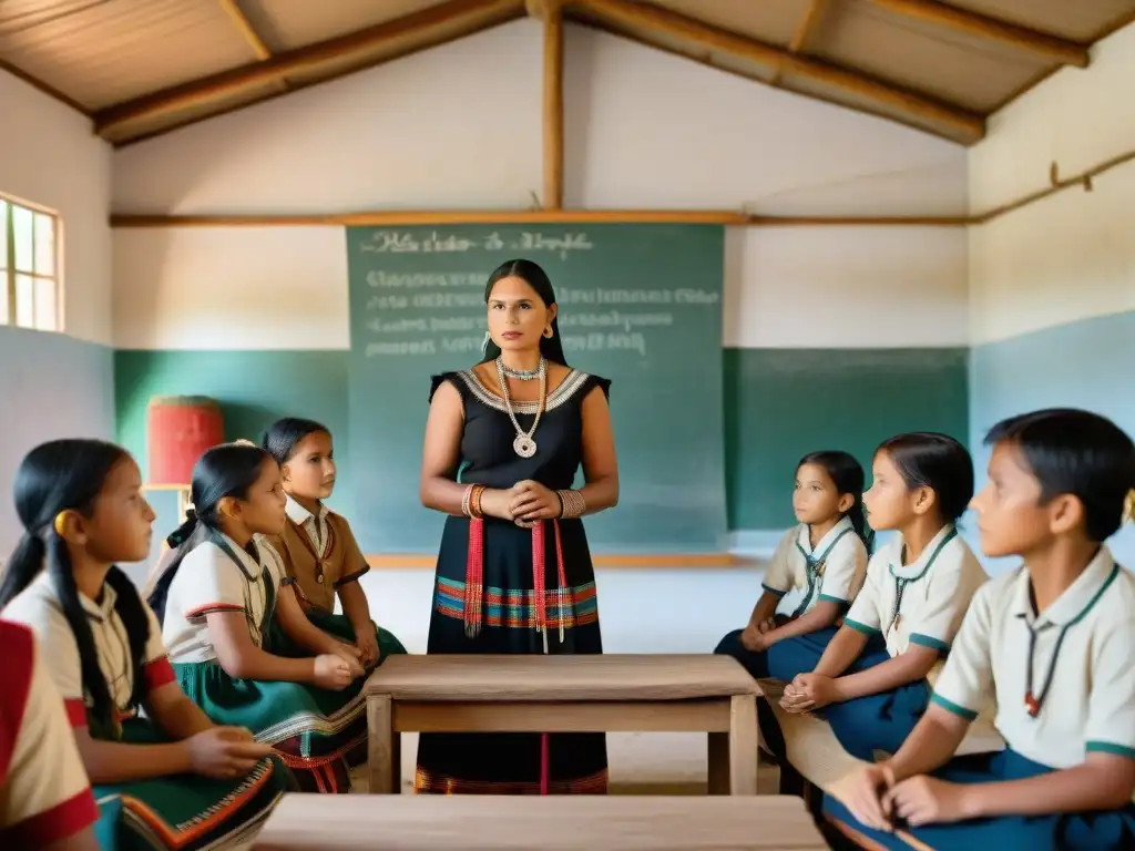 Vibrante aula de educación bilingüe en comunidad indígena, fomentando diversidad y preservación cultural