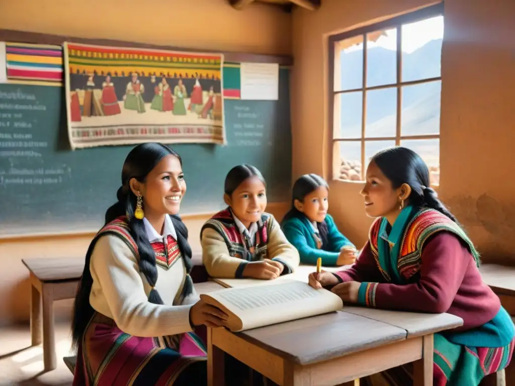 Vibrante aula de educación bilingüe en América Latina con niños indígenas en los Andes de Perú, promoviendo diversidad cultural