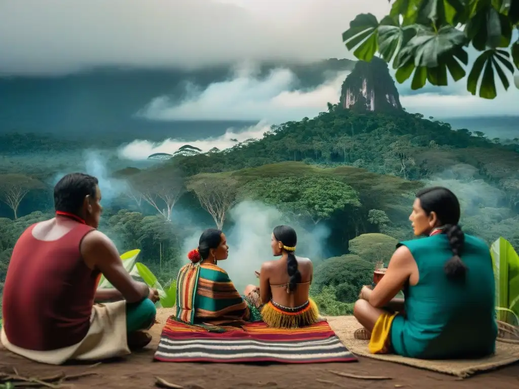 Reunión vibrante de autores indígenas en la Amazonia, reflejando la rica cultura indígena de América del Sur