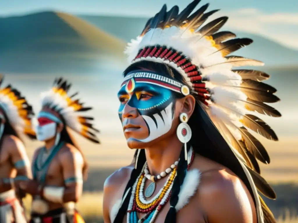 Vibrante ceremonia de la Danza del Sol de la tribu Lakota con regalía tradicional y pintura facial simbólica en las Grandes Llanuras